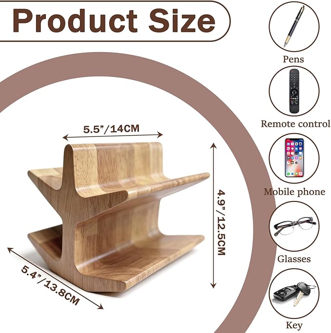 Wooden TV Remote Holder & Eyeglass Stand-Decorative Remote Control Holder Bedside Organizer for Coffee Table, Multi-functional Remote Caddy with Reading Glasses Storage (Wooden)