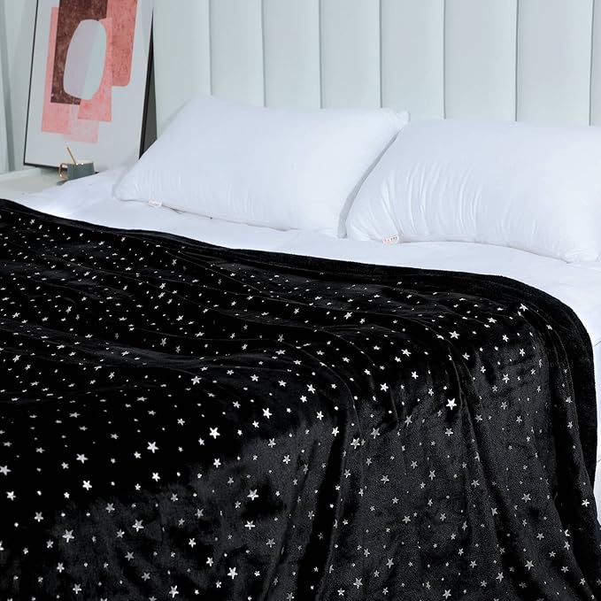 NANPIPER Fleece Blankets Cozy Microfiber King Size Blanket,Super Soft Star Foil Print,90"x 108" Black