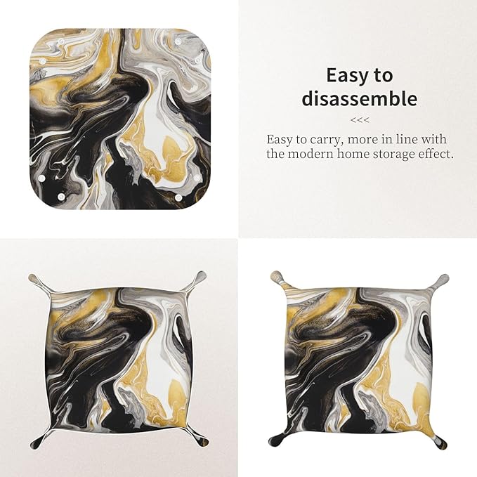 Black and Gold Swirl liquid ink marble Leather Vanity Tray Desktop Storage Organizer Decor Catchall Perfume Bathroom Valet Tray Nightstand Caddy Holder for Keys Phone Wallet Coin Jewelry, S