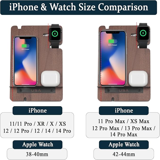J JACKCUBE DESIGN Wood Charging Docking Station, Phone Watch Charge Dock Stand Multi Device Nightstand Organizer Holder for Smartphone Cellphone Accessories Bedside Caddy -MK243B