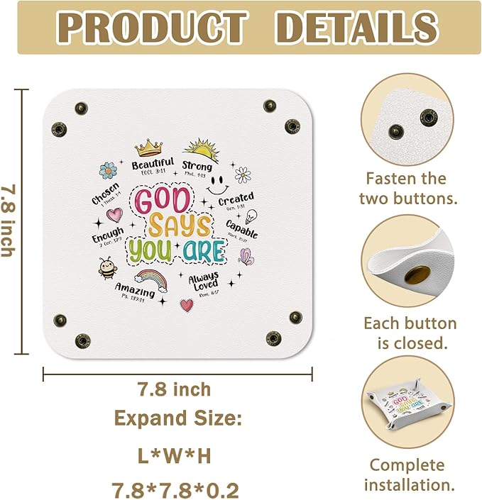 Christian Gifts - God Says You Are Bible Verses,Religious Gifts for Women，PU Leather Catchall Beside Caddy Nightstand Organizer Tray for Jewelry Rings Watches and Accessories, 7.87x7.87in