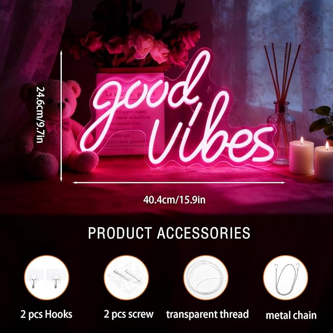 Good Vibes Neon Sign for Wall Decor, Good Vibes Neon Lights Goodvibes LED Light Sign for Bedroom Decor, Game Room, Birthday Party, Wedding, Bar, Home, Girl Cave, Pink, (15.91 x 9.69 inch)