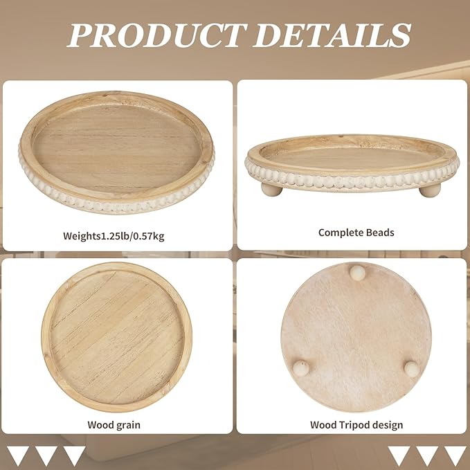 Decorative Coffee Table Tray, Round Wooden Tray Decor Log Beaded Distressed Rustic Farmhouse Centerpiece for Living Room Entryway Kitchen Counter Candle Holder Organizer