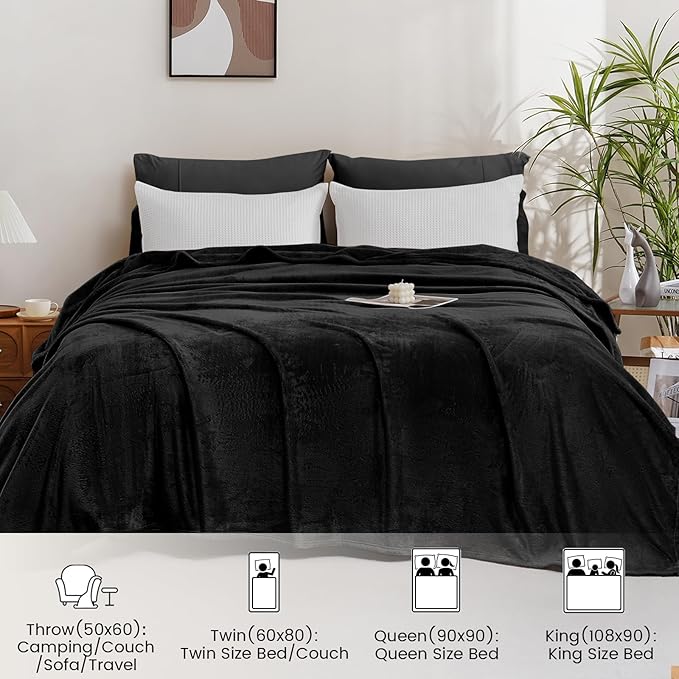 Throw Blanket for Couch, Flannel Fleece Blanket, Warm Plush Throw Blankets for Girls, Fuzzy Soft Blanket for Bed, Sofa, Travel, Camping, 50" X 60", Black