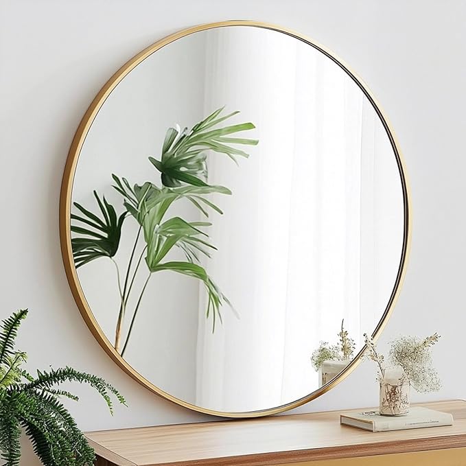 Gold Circle Mirror, 20 inch Gold Round Mirror, Circular Wall Mirrors Metal Frame, Round Wall Mirrors for Living Room, Bedroom, Bathroom, Hallway, Rustic, Vanity.