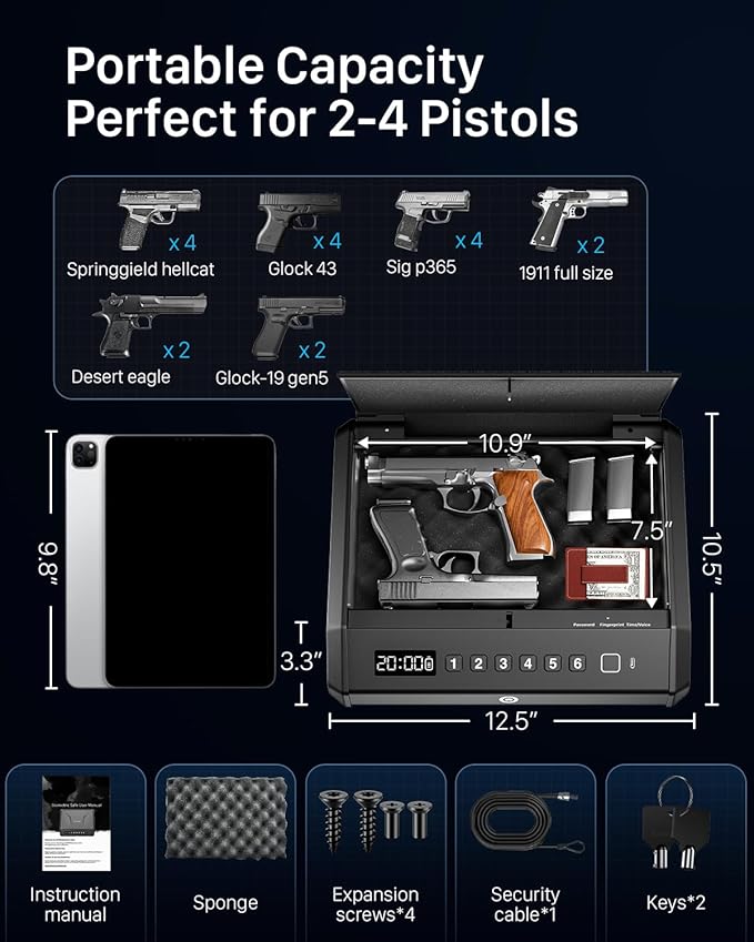 Large Biometric Gun Safe fits 4 pistols, 100 Sets of Fingerprint Handgun Safe with Internal Light & Silent Mode, Gun Lock Box for Home Bedroom Bedside Nightstand and Car, Emergency Charging, TOPMEDA