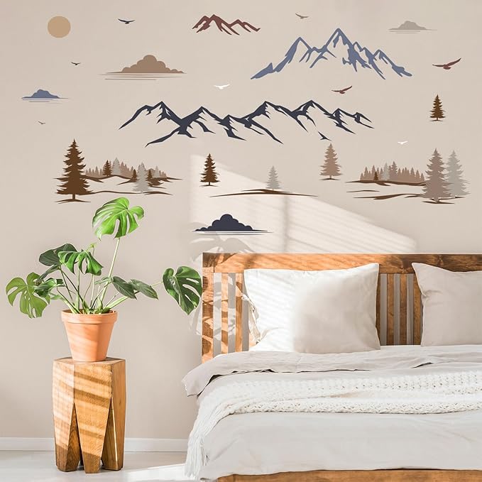 HLNIUC Big Mountain Wall Decal Peel and Stick 35”x16”Forest Nature Landscape Window Clings Mountain Ridge Pine Trees Removable Wall Stickers Art Geometric Mountains Room Decals for Living Room Bedroom