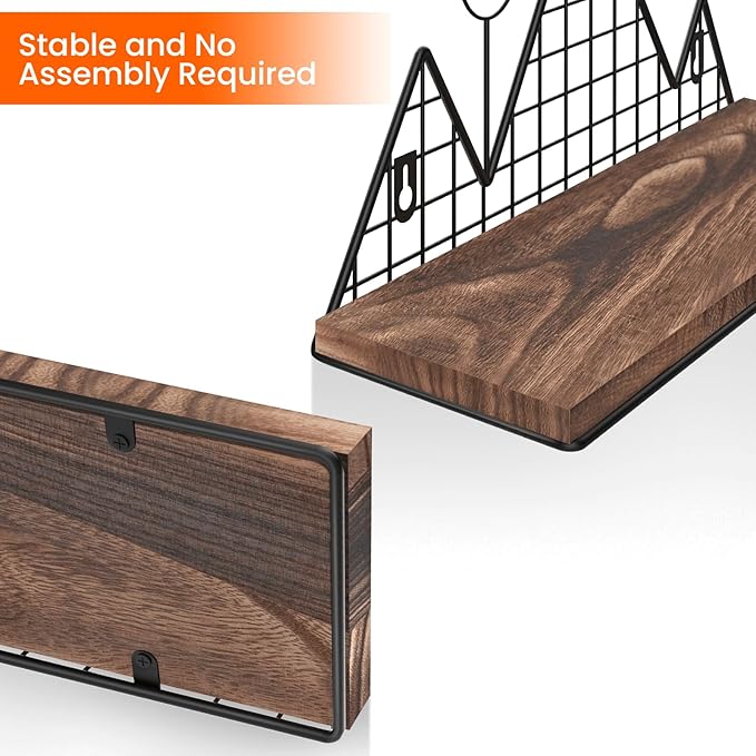 Homode Floating Shelves, Set of 2 Mountain Wall Shelves, Rustic Wood Display Storage Shelf with Metal Wire, Geometric Decor for Bathroom, Nursery, Bedroom, Office, Brown and Black