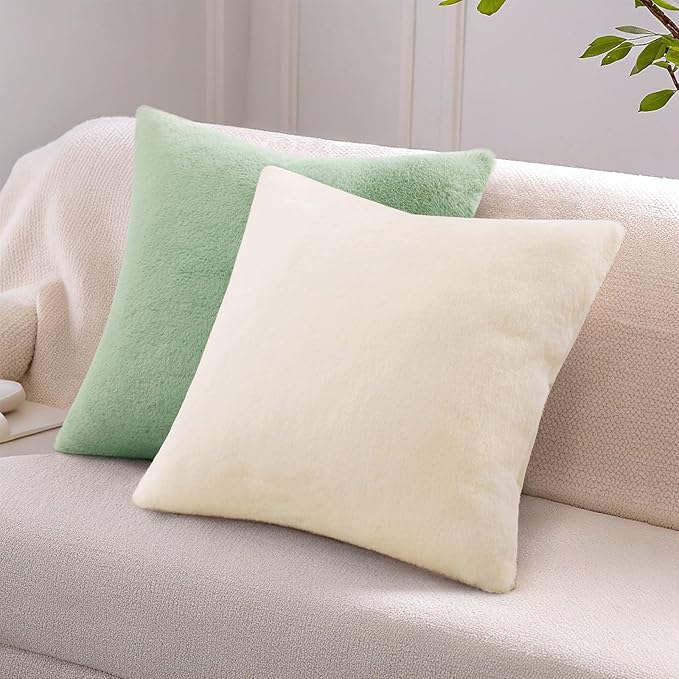 Pallene Faux Fur Plush Spring Throw Pillow Covers 22x22 Set of 2, Soft Fluffy Couch Pillow Covers for Living Room, Sage Green