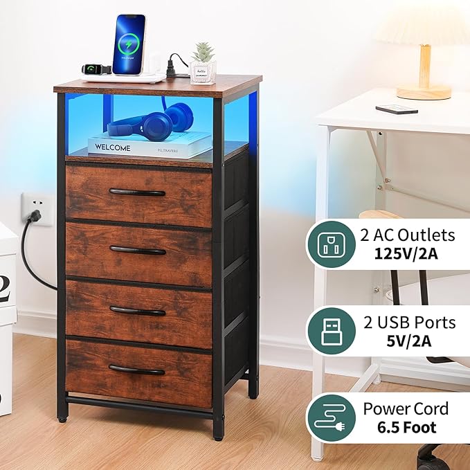 Yoobure Night Stand - LED Rustic Nightstand with Charging Station, Bedside Table with 4 Storage Drawers and Storage Shelf, End Table with USB Ports and Outlets