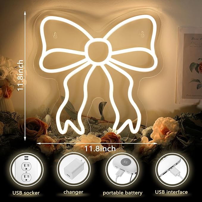 Retisee Bow LED Neon Sign Bedroom Women Room Neon Light Sign Coquette Aesthetic Home Wall Preppy Dorm Beauty Room Salon Decor Party Bar Decoration Gift for Her 11.8x11.8in (Warm White)