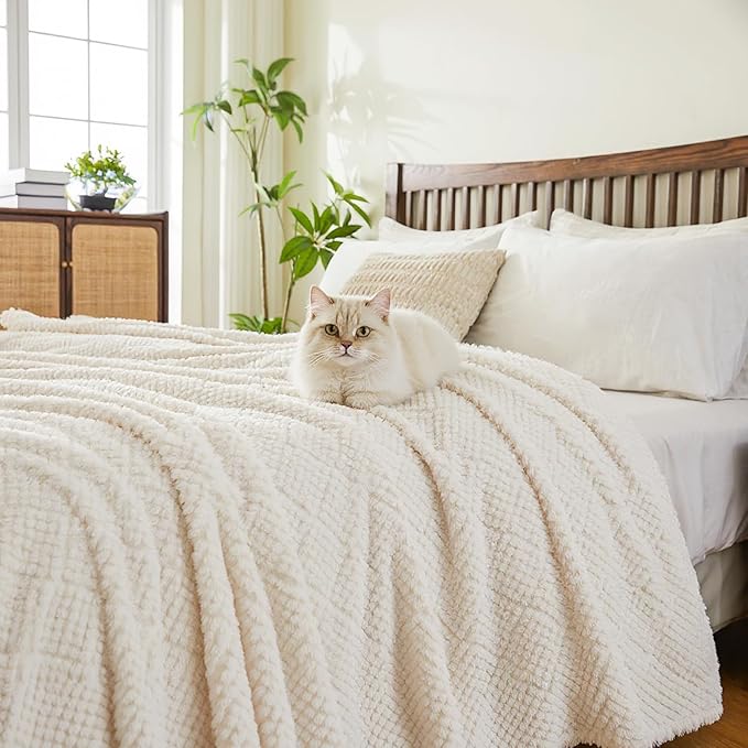 EMME Fleece Blanket, 3D Jacquard Throw Blanket for Couch and Bed, Soft Cozy and Fluffy Blankets Lightweight Luxury Flannel with Waffle Design (Ivory, 50" x 60")