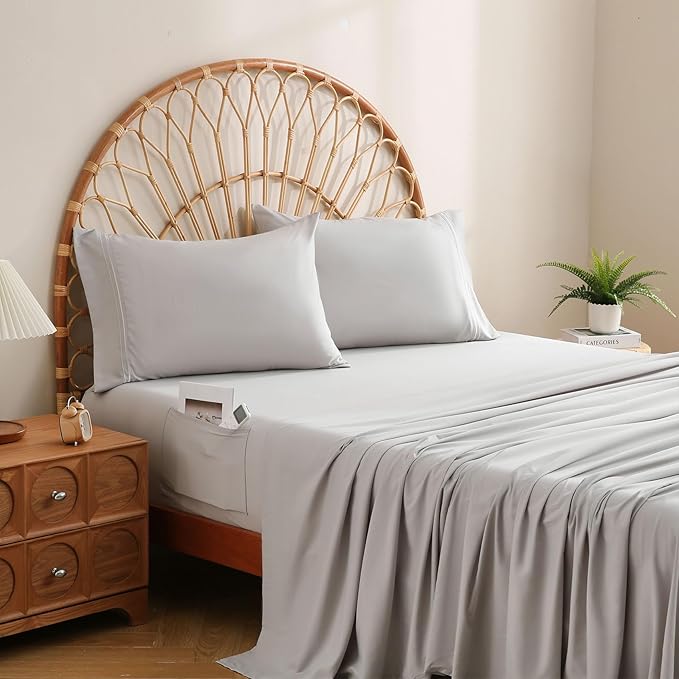 JSD Light Grey King Sheet Set with Side Pocket Corner Straps, 4 Piece Soft Microfiber Bed Sheets Extra Deep Pocket
