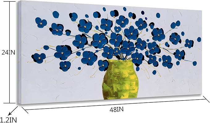 SYGALLERIER Blue Flower Canvas Wall Art in Vase with 3D Hand Painted Textured Modern Aesthetic Botanical Pictures Contemporary Oil Paintings for Living Room Bedroom Dinning Decor