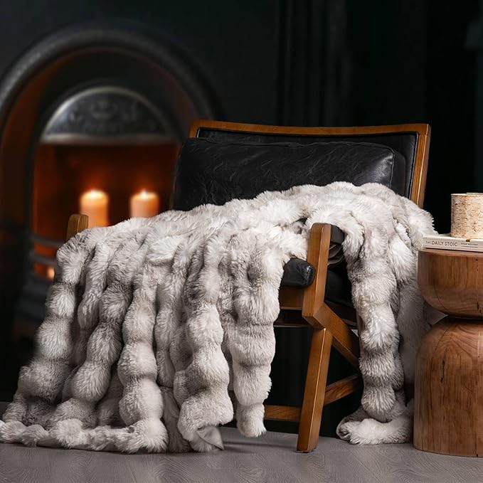 EverGrace Ultra Soft Luxury Fluffy Faux Rabbit Fur Throw Blanket, Thick Warm Bubble Throw for Bed, Cozy Plush Reversible Blankets for Couch, Chair, Sofa, Light Grey, 50x60 Inches