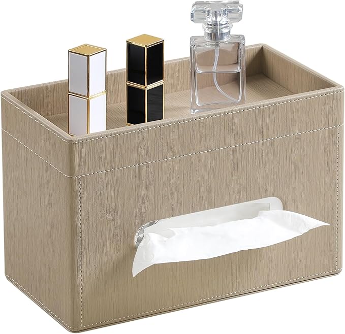 Plus Size Tissue Box Cover Rectangle, PU Leather Tissue Box Holder with Storage Tray, Decorative Organizer Tissue Holder for Bathroom, Bedroom Dresser, Night Stand, Office (Wooden Color)