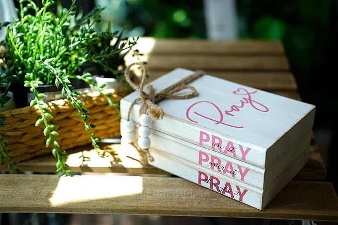 LIVDUCOT Pink Wood Book Stack Pray Christian Home Decor for Women - Wooden Block Sign Table Decoration - Inspiration Prayer Office Decor Religious Gift