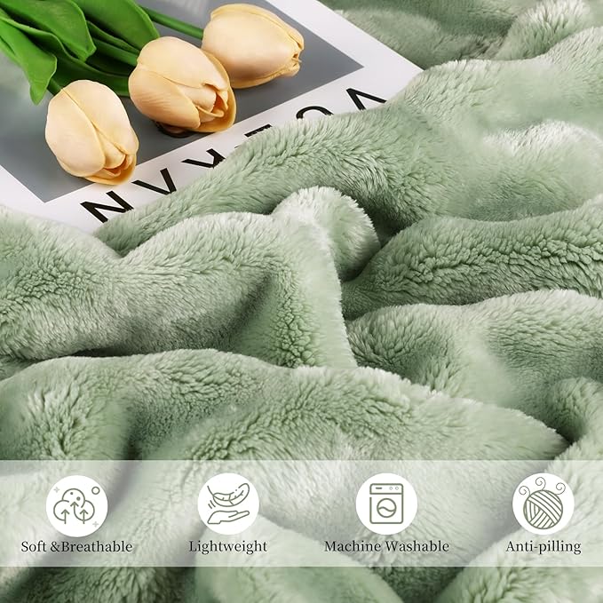 Comelady Fleece Twin Blanket for Bed,3D Bubble Warm Fluffy Throw Blanket for Couch Sofa Room Decor-Lightweight Cozy Fuzzy Blanket for All Seasons(Sage Green,60"×80")