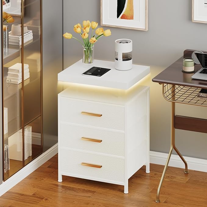 Nightstand with LED Lights, 3 Fabric Storage Drawers, Bedside Table with Floating Wood Top & PU Leather Fronts, Compact Modern End Table for Bedroom, Living Room or Dorm, White