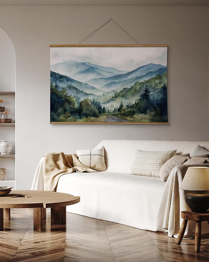 ARPEOTCY Extra Large Vintage Framed Wall Art, 36x54 Inch Watercolor Blue Ridge Mountains Forest Landscape Hanging Framed Canvas Print Art for Living Room Bedroom, Farmhouse Above Bed Wall Decor