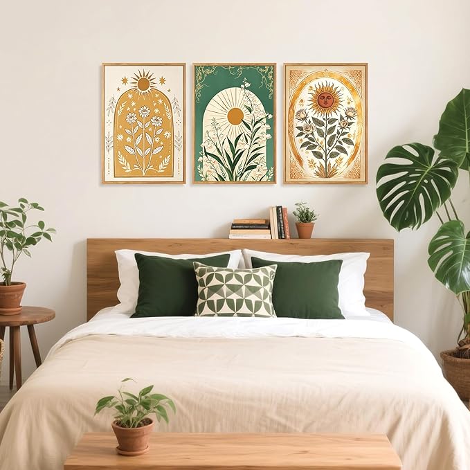 CHDITB Modern Bohemian Celestial Wall Art Set Of 3, Boho Sun Floral Tarot Wall Decor, Nature Mystery India Painting, Minimalist Green Lily Flower Art Prints For Dining Room Bedroom Decor 12”x16”