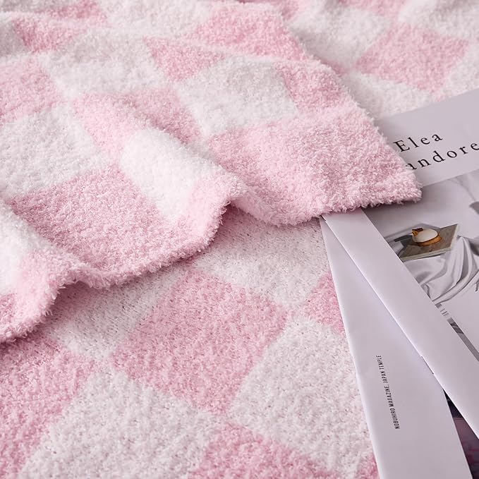 Checkered Throw Blanket, Pink Soft Cozy Fluffy Knitted Throw Blankets for Couch, Sofa, Bed, Chair, Warm Fuzzy Travel Picnic Lightweight Plaid Blanket, 50x70 inches