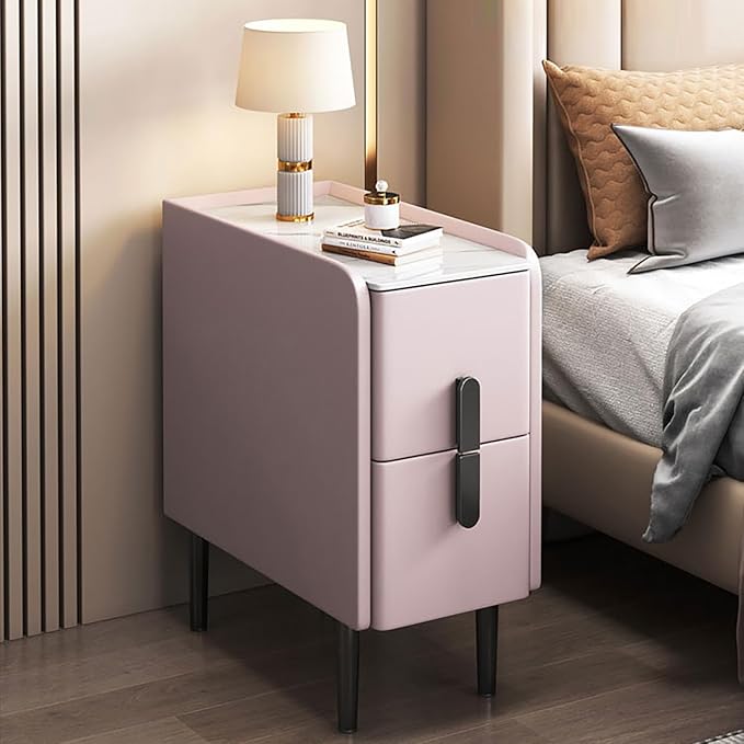 Modern Pu Leather Nightstand with Marble Tabletop, Narrow Bedside Table Luxury Side End Table with 2 Drawers & Metal Legs, Storage Cabinet for Bedrooms(50x40x50cm(20x16x20inch), Pink)