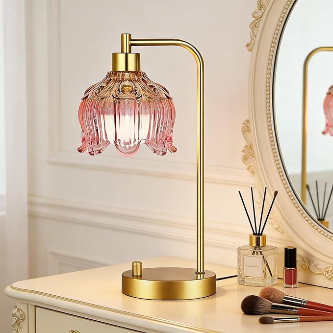Pink Table Lamp Set of 2,Small Gold Bedside Lamps Dimmable Boho Bedroom Lamp with Tulip Flower Glass Lamp Shade,Vintage Mid Century Modern Mini Nightstand Lamp for Bedroom Living Room