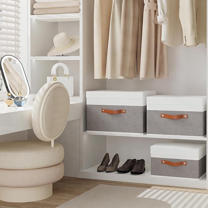 5 Pack Storage Bins with Lids, Linen Foldable Collapsible Boxes, 15 x 9.8 x 9.8 Inch Storage Baskets with Handles for Shelves, White and Grey