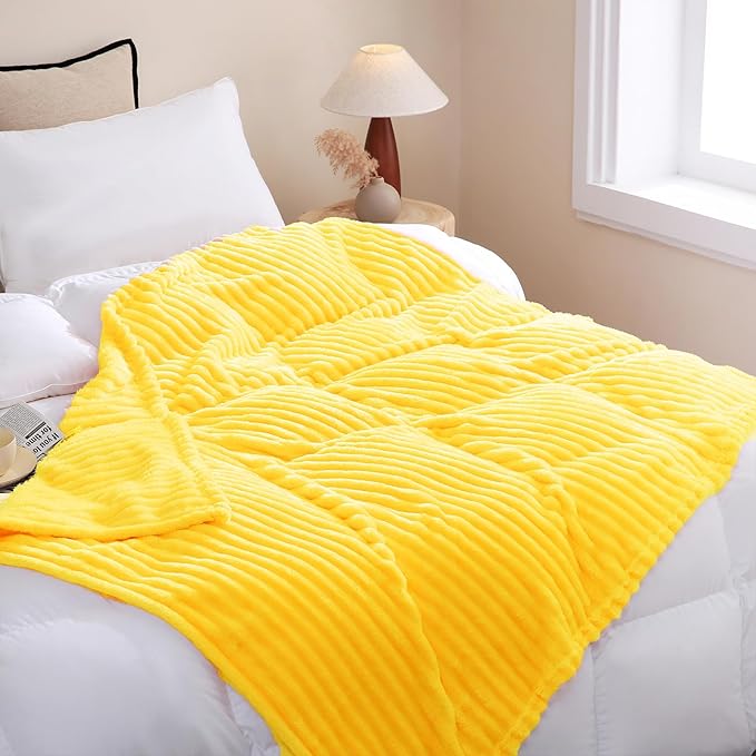 Bright Yellow Fleece Throw Blanket 60”×80” for Couch Sofa Bed,Super Soft Cozy Plush Microfiber Flannel Blanket with Stripes Design Lightweight for Adults,Woman,Girls