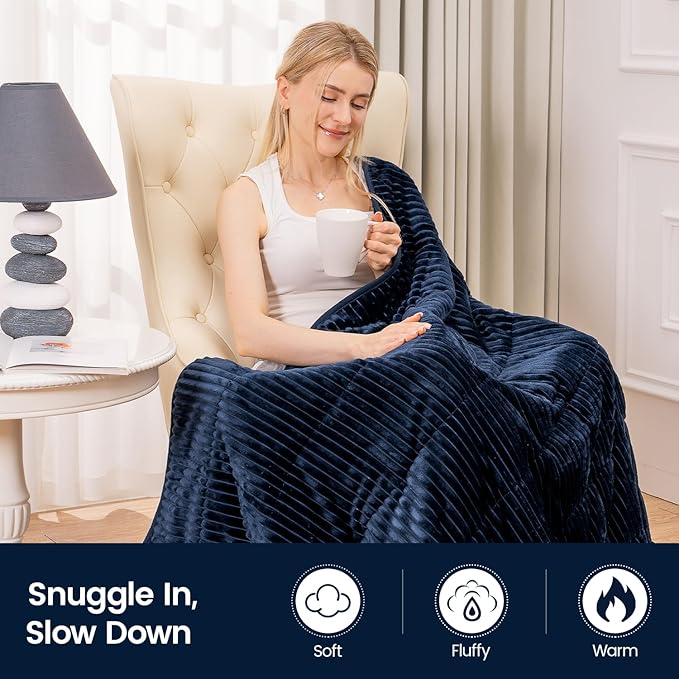Sherpa Fleece Adult Weighted Blanket with Ribbed Stripes, 15 Pounds Dual Sided Soft Plush Blanket for Couch Bed Sofa, Heavy Thick Blankets with Glass Beads Great for Sleep, Navy Blue, 48" x 72"
