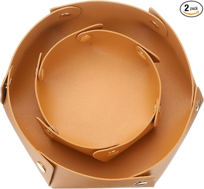 uxcell 2 Pcs Valet Tray for Women and Men, PU Leather Jewelry Tray Entryway Table Bedside Nightstand Catchall Storage Organizer for Jewelry Key Coin Watch Wallet (2 Size, Yellow)