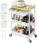 3 Tier Rolling Cart Metal with Table Top and Drawer, White Storage Cart with Wooden Top and Wheels, Three Tier Utility Carts Organizer for Art, Craft, Baby Diaper Caddy, Snack, Nail, Book, Makeup