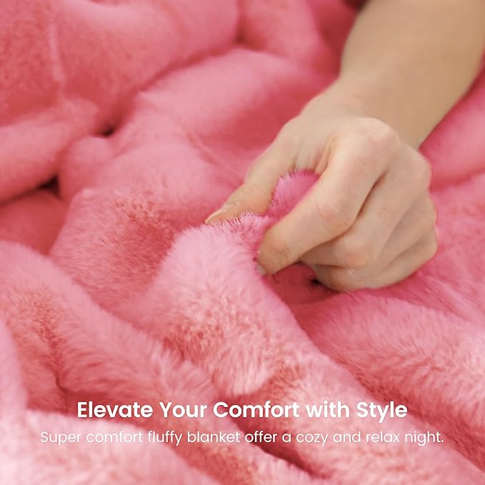 Cozy Bliss Fluffy Faux Fur Blanket Queen Size for Bed, Fuzzy Soft Striped Plush Blanket, Thick Throw for Bedroom Couch Gift, 90x90 Inches Pink