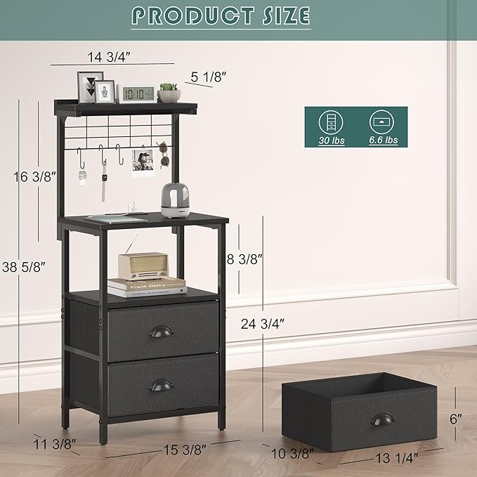 Bedside Tall Nightstands with Charging Station, LED Bedside Table for Bedroom - 3 PU Fabric Drawers, Hooks, USB/Type-C Ports & Open Bedside Storage Shelves, Black