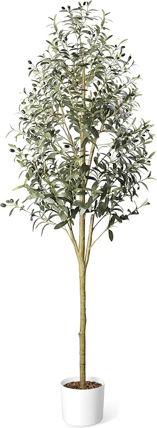 Waterproof Artificial Olive Tree, 7 FT Tall Faux Olive Tree for Home Indoor Decor, Floor Plant with Textured Leaves Fruits, Realistic Wood-Grain Trunk, Fake Plant for Living Room Bedroom Office