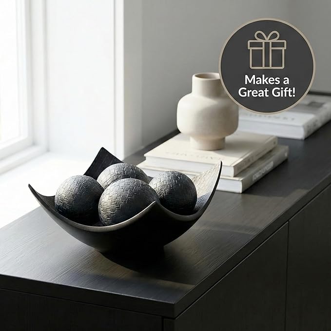 Seraphic 5pc Scoop Bowl Table Centerpieces for Dining Room, Large Decorative Bowls for Coffee Table Decor, Kitchen, Orbs/Balls Included, 14" diagonal. 11" wide and 5.75" tall, Charcoal Black