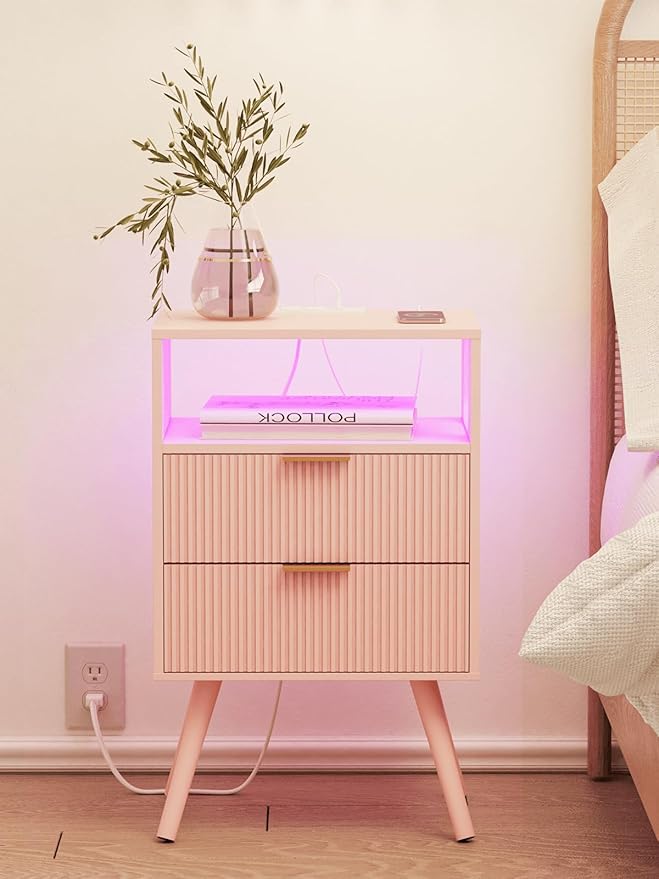Nightstand, Modern Bedside Table with 2 Storage Drawer and Open Wood Shelf for Bedroom and Small Spaces, Night Stand with Solid Wood Legs (Pink-Outlet)