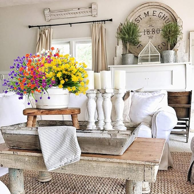 Artificial Flowers, 20 Bundles Outdoor Fake Flowers for Decoration UV Resistant Faux Plastic Plants Garden Porch Window Box Décor (White)