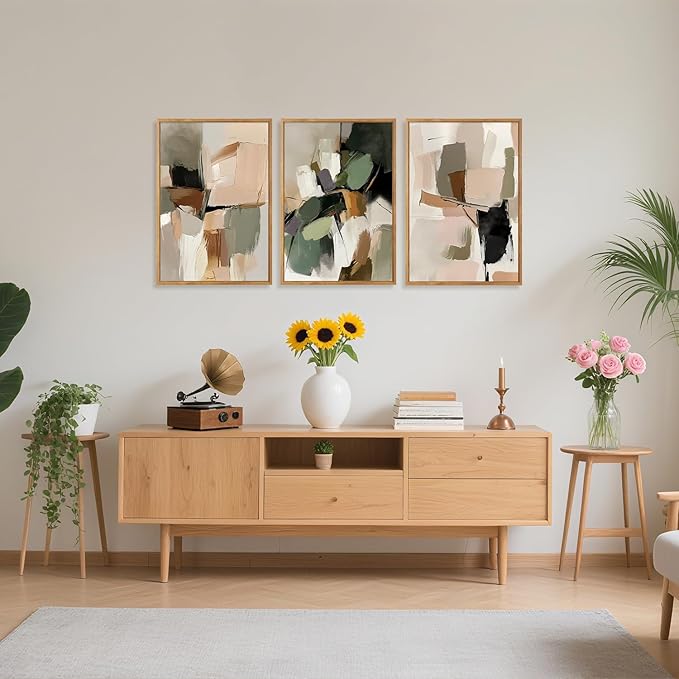 CHDITB Modern Abstract Framed Canvas Wall Art, Minimalist Neutral Wall Decor, Mid Century Poster, Wabi Sabi Painting, Earth Tone Boho Geometric Art Print for Living Room Bedroom Office Decor 12”X16”x3