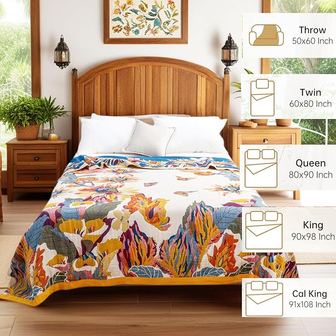 King Extra Large Boho Throw Blanket Oversized 91" x 108", 100% Organic Cotton Soft Bed Throw - Floral Bird Butterfly Pattern Farmhouse Blanket for Couch Sofa Chair and Gift.
