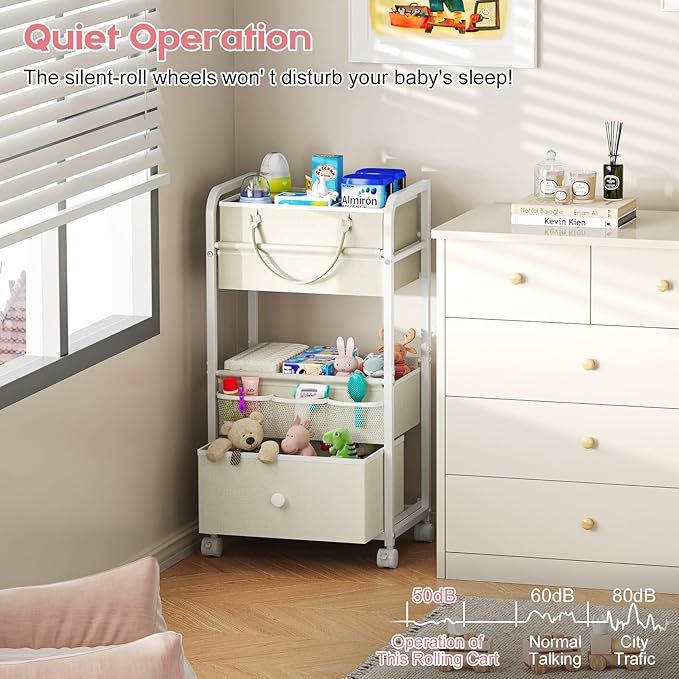 2In1 Baby Diaper Caddy Organizer and Storage, 3 Tier Rolling Cart with Drawer, Mobile Utility Cart Baby Dresser Clothes Organizer for Crib, Art & Craft Storage, White, 17"W x 11.42"D x 33.5"H