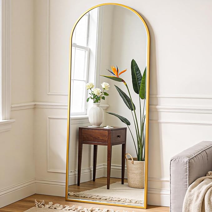NEWBULIG Arched Full Length Mirror 59.2"x16" for Bedroom, Full Body Mirror with Stand, Hanging or Leaning for Wall, Aluminum Alloy Thin Frame Floor Standing for Living Room, Tall, Gold