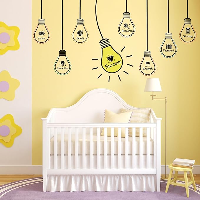 HLNIUC Positive Words Wall Decal 25PCS Success Teamwork Wall Sticker Minimalist Inspirational Lettering Artwork Motivational Saying Art Sticker Light Bulb Themed Wall Decor for Classroom Office