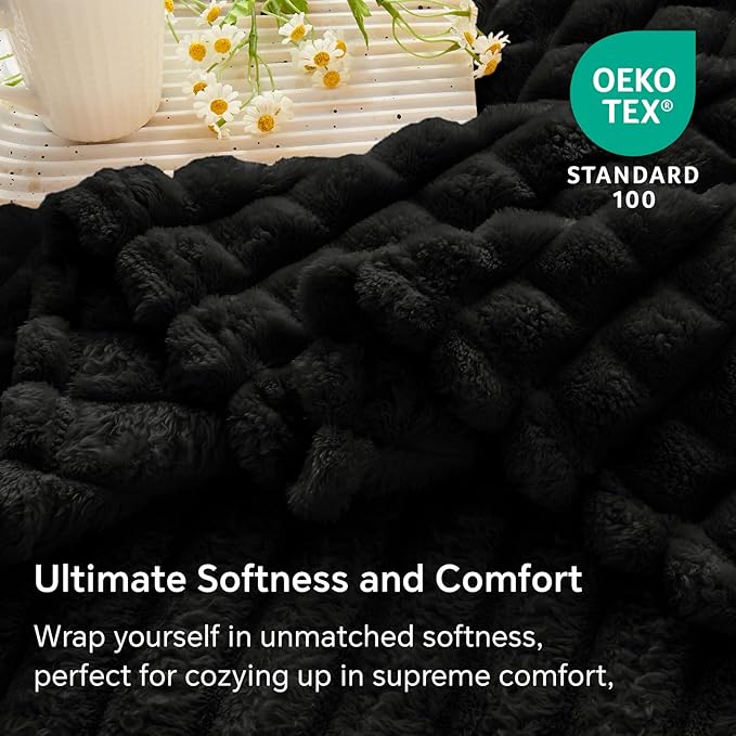 BEDELITE Black Throw Blanket for Couch and Bed- Super Soft and Warm 3D Checkered Fluffy Fuzzy Fleece Blanket, Luxurious Plush Cozy Blanket for Room Decor Fall and Winter, 90x90 inches, Queen Size