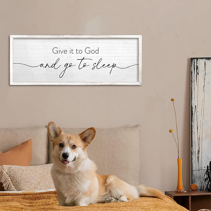 TQianJiang Give It To God And Go To Sleep Wall Decor Sign 24"X10" for Master Bedroom Above Bed Large Wood Framed Wall Art Hanging (White)