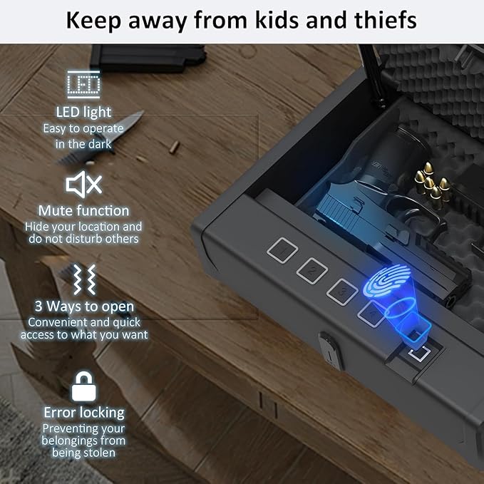 HARDROCK Gun Safe for Pistols, Biometric Wall Mounted Handgun Safe Box for Desk, Bedside,Truck，Drop Down Quick Access Security Safe with Fingerprint Keypad Lock for Home nightstand