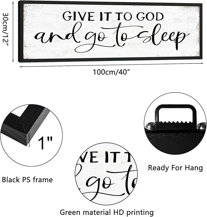 Give It to God and Go to Sleep Sign Wall Art - Bedroom Signs Wall Decor Above Bed - Farmhouse Guest Room Decor - Master Bedroom Decoration 12 × 40 Large Black Framed Hanging