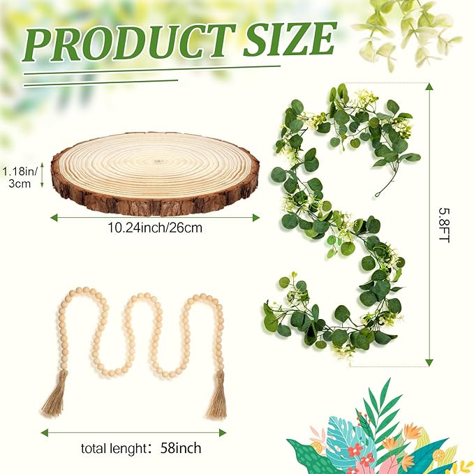 Geelin 6 Pcs Boho Rustic Table Centerpieces, 3 Modern Ceramic Vases, Wooden Slice Tray, Farmhouse Wood Beads Garland with Tassel, Artificial Vines for Dining Home Table Decor(Neutral)