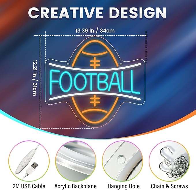 Football Neon Sign, Wootfairy Led Sport Neon Signs for Wall Decor, Dimmable Neon Light for Man Cave & Game Room Decor, Bedroom, Bar Club, Sports decor for Men, Teens